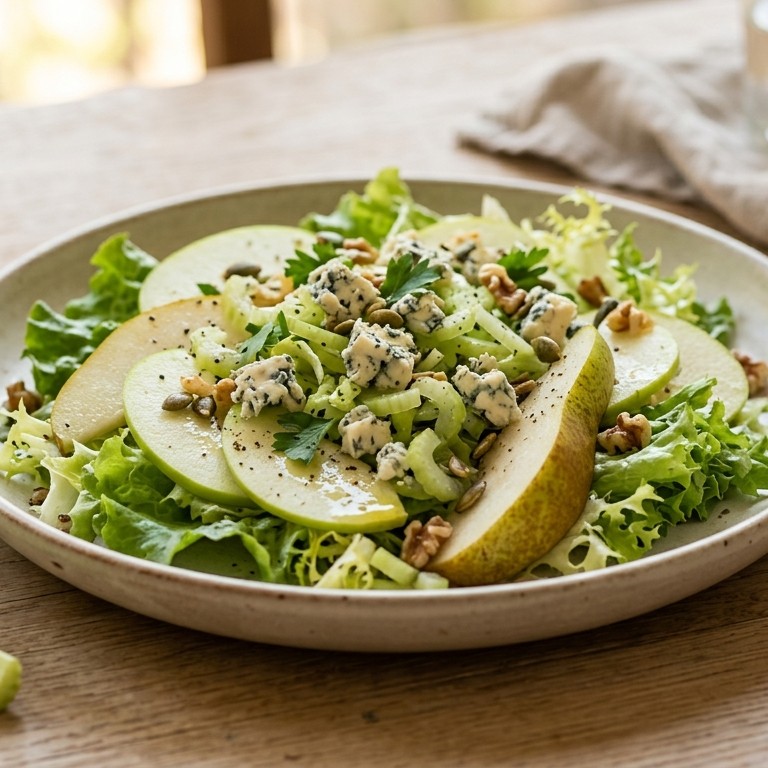 Salade van appel, peer en blauwe kaas recept
