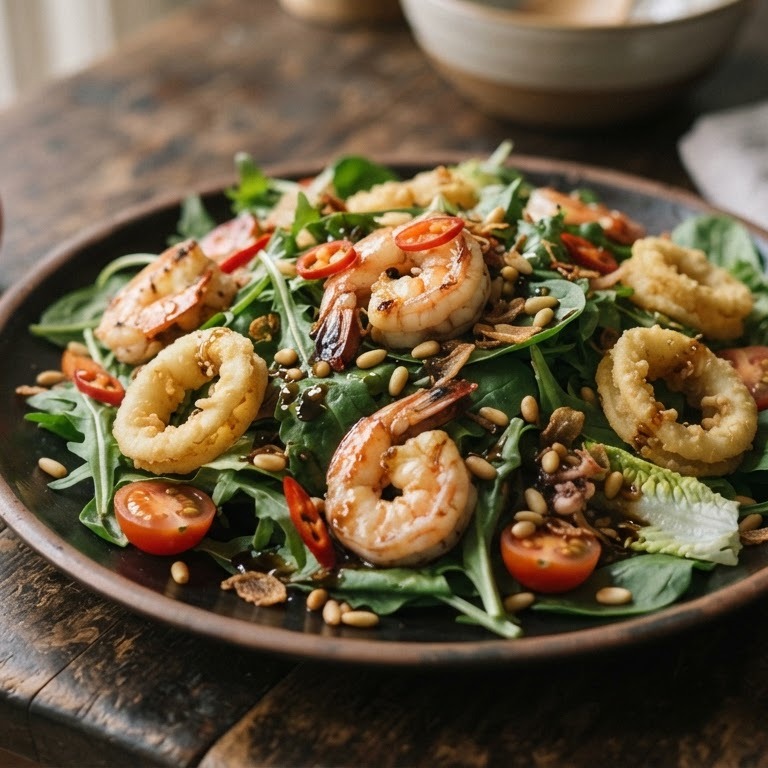 Salade van gamba’s en inktvisringen met knoflook-ketjapdressing recept