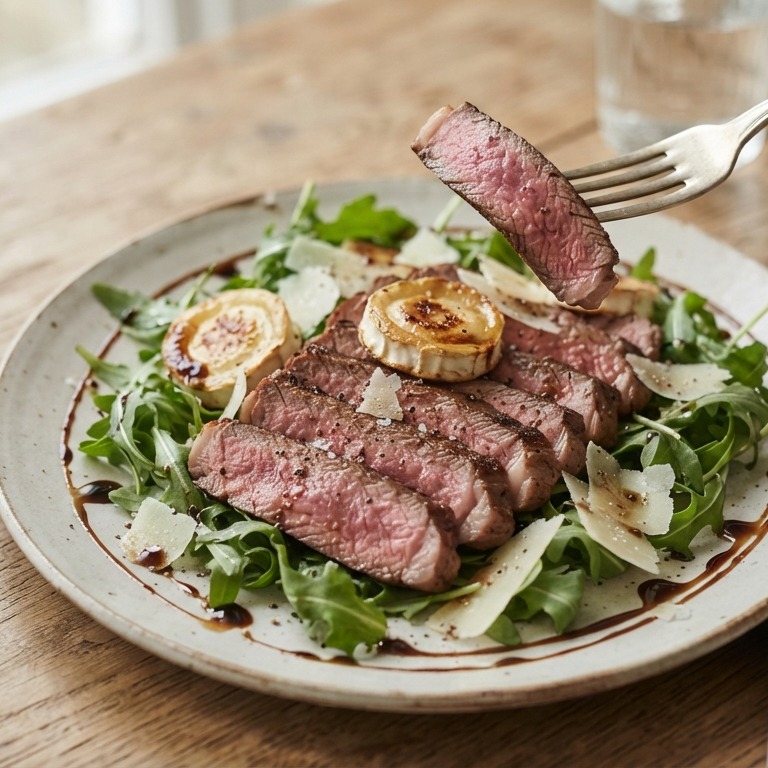Salade van gebakken rib-eye met geitenkaas recept