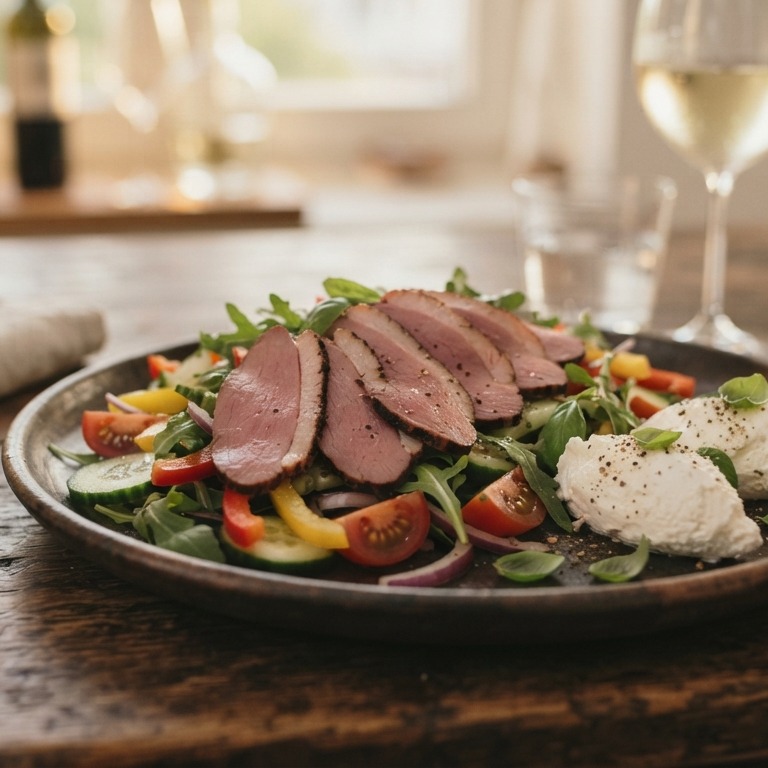 Salade van gerookte eendenborst met groenten en geitenkaas recept