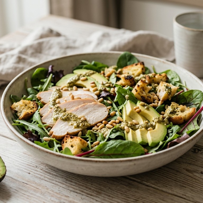 Salade van gerookte kip met avocado en croutons recept