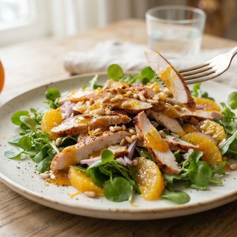 Salade van gerookte kip met sinaasappeldressing recept