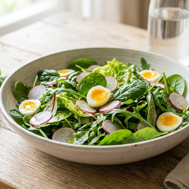 Salade van jonge slablaadjes, radijs en kwarteleitjes recept