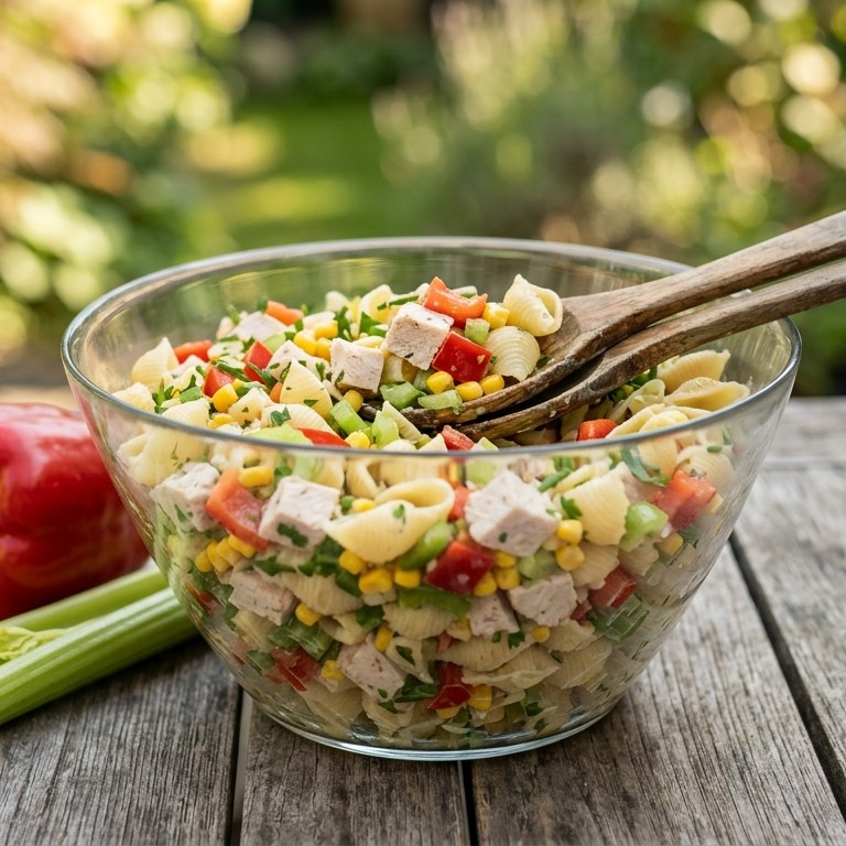 Salade van kip met paprika, mais en pastaschelpjes recept