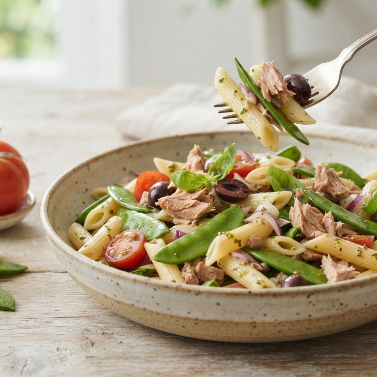 Salade van penne, tonijn en peultjes recept