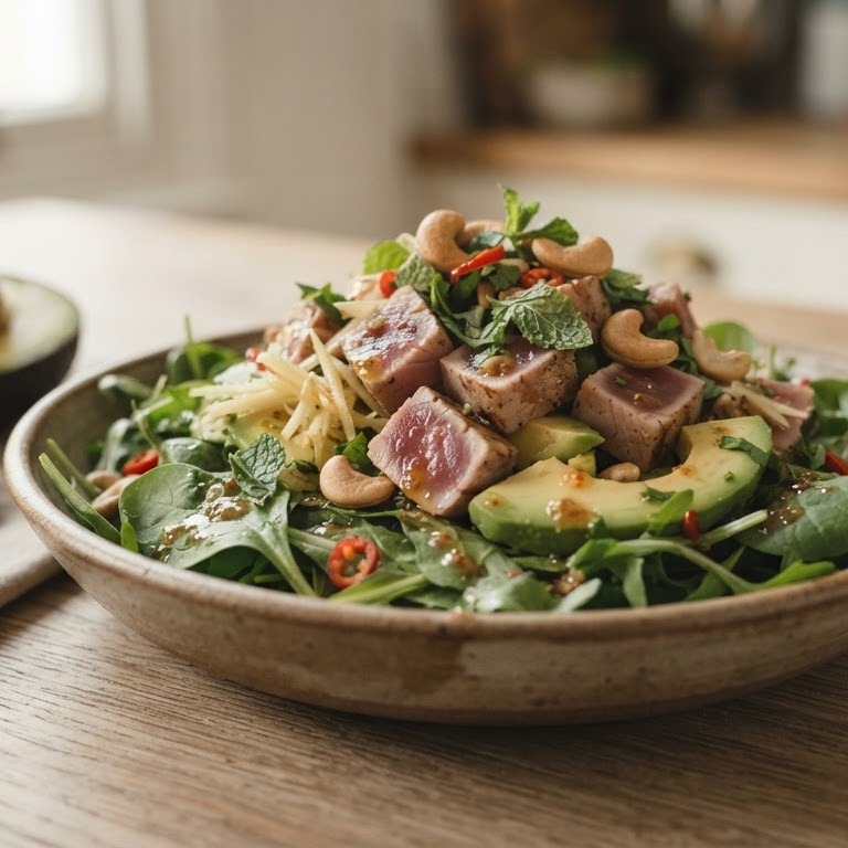 Salade van rauwe tonijn met avocado, gember en Thaise chilidressing recept
