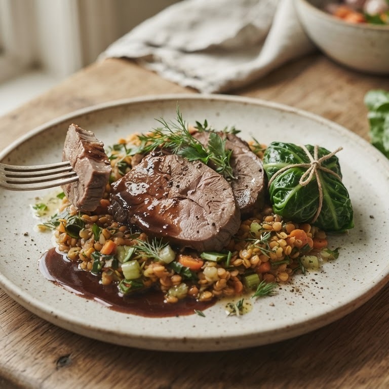 Salade van rode linzen met kalfstong en kalfswang en een pakketje van snijbiet recept