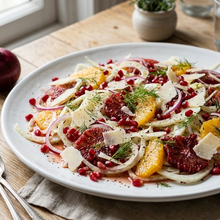 Salade van venkel, sinaasappelen en granaatappel, vinaigrette met bloedappelsien recept
