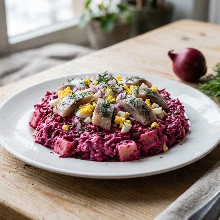 Salade van zoute haring met bietjes en zure room recept