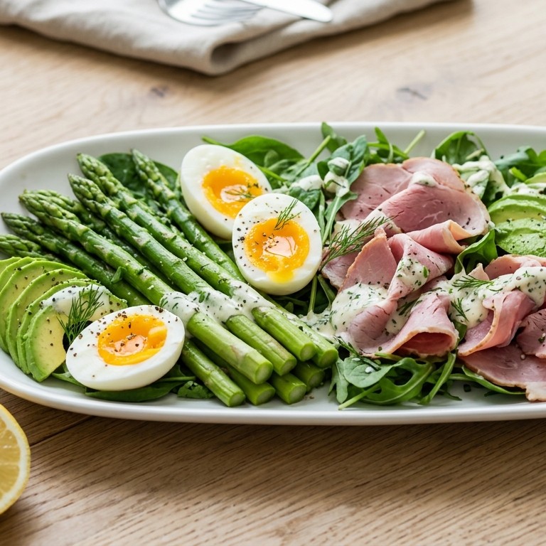 Sallade met groene asperges en beenham recept