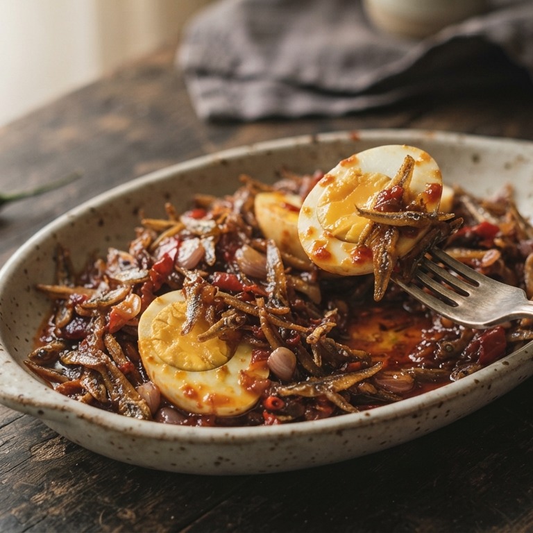 Sambal ikan bilis telor (Gezouten vis en eieren met sambal) recept