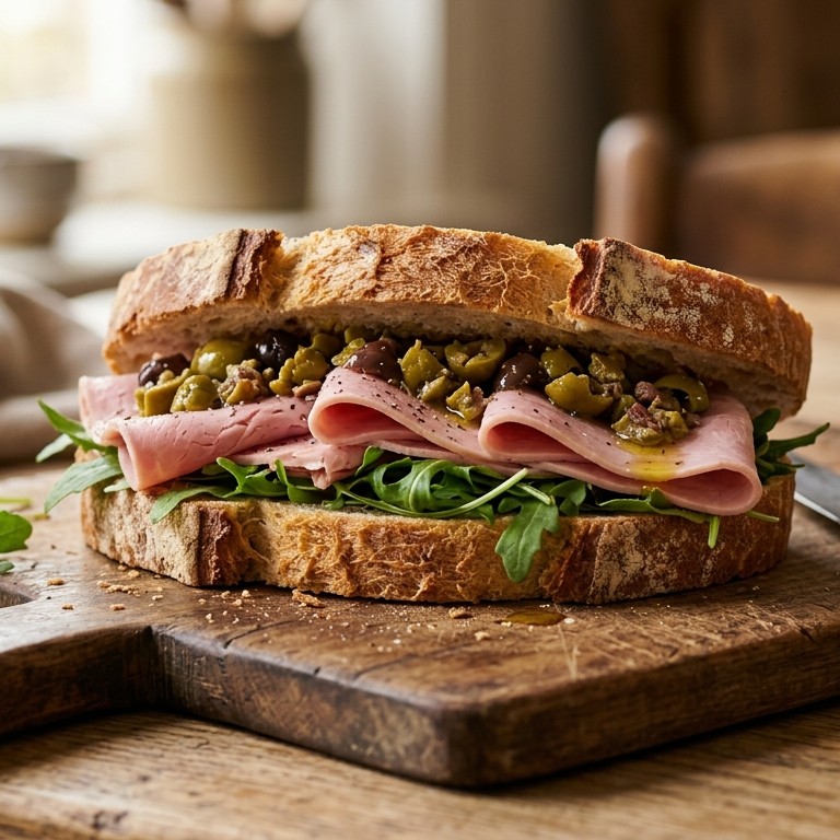 Sandwich boerenbrood met olijven en gekookte ham recept