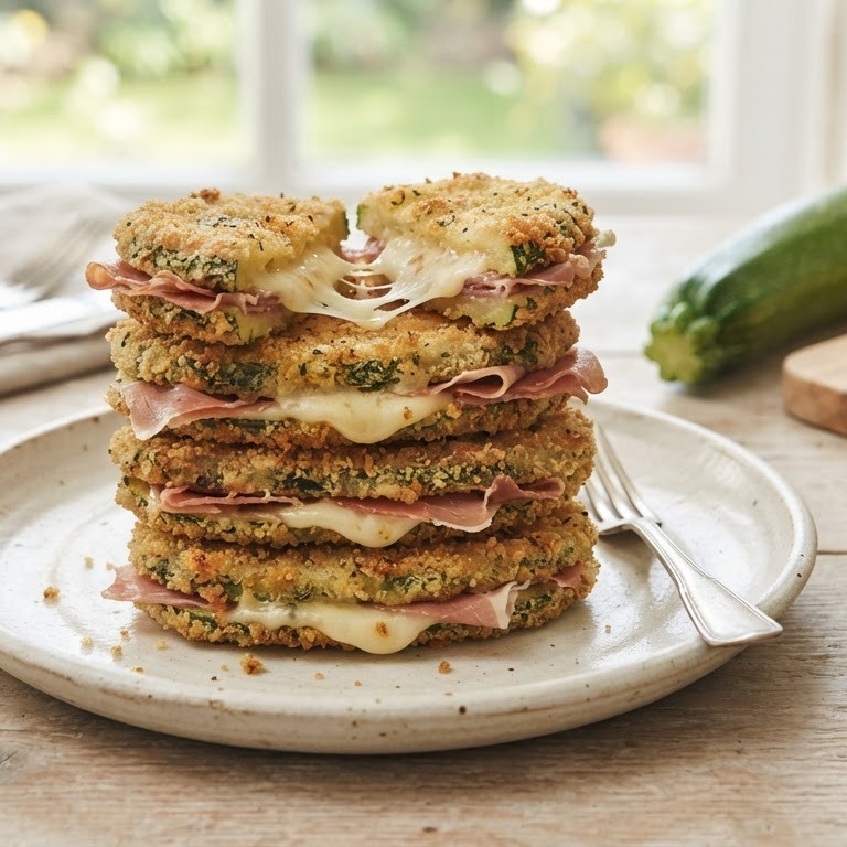 Sandwiches van gepaneerde courgettes met rauwe ham en Parmezaanse kaas recept