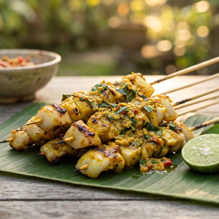 Saté cumi bakar manado (inktvis spiesen met kokossaus) recept