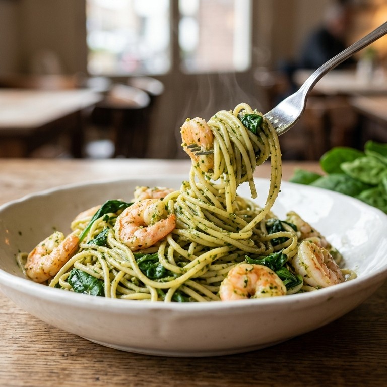 Scampi met verse spinazie pasta recept