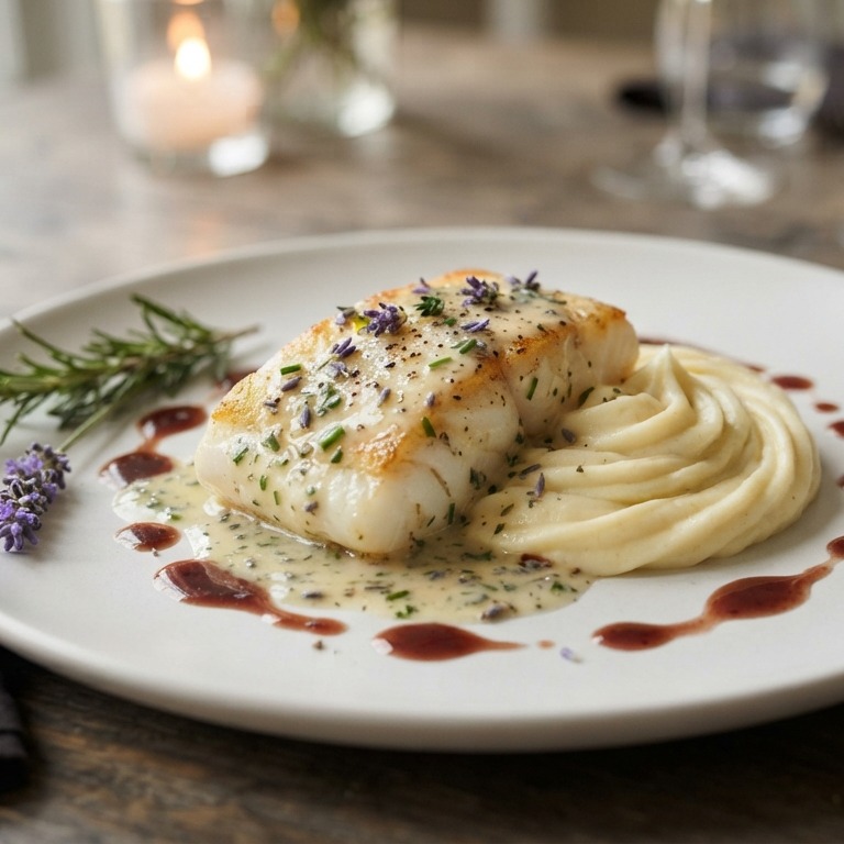 Schelvis gegaard in lavendel boter met daarbij aardappelmousseline met rozemarijn recept
