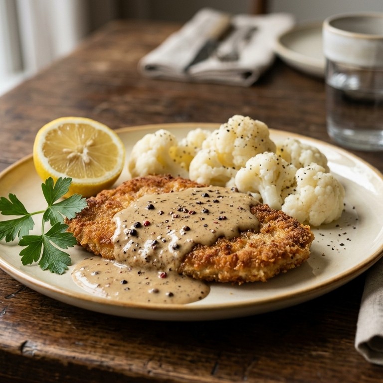 Schnitzel met peperroom en bloemkool recept