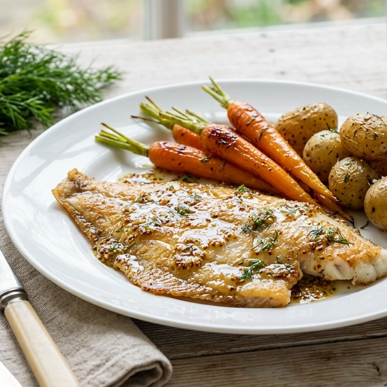 Scholfilet met mosterd-dressing en bospeen recept