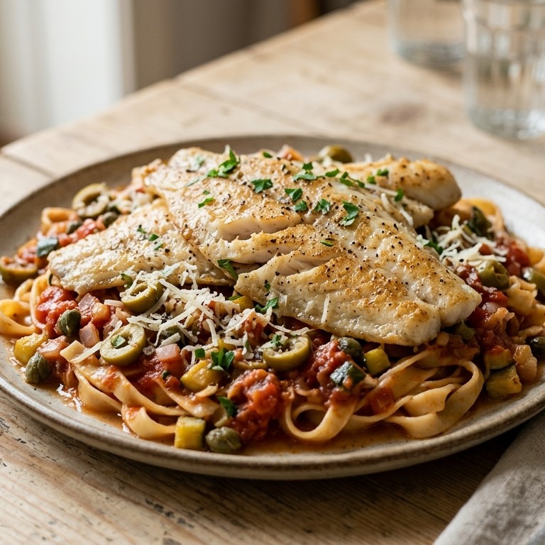 Scholfilet met olijven-tomatensaus recept