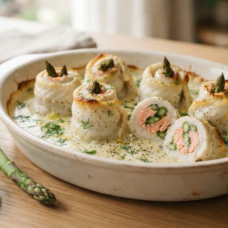 Scholrolletjes met zalm en asperges in dilleroomsaus recept