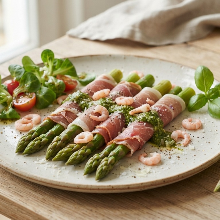 Serranohamrolletjes met groene asperges recept