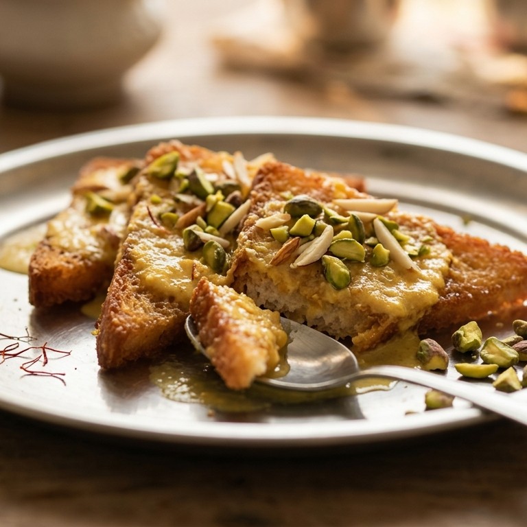Shahitukra (gebakken brood in saffraan-pistachesaus) recept