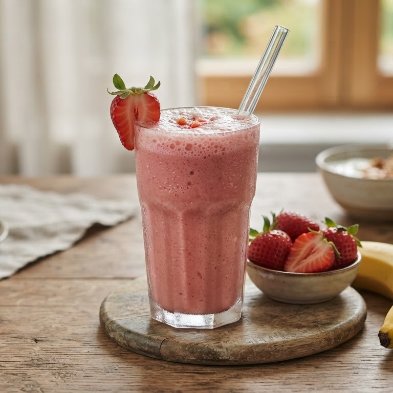 Shake van aardbei, banaan en sinaasappelsap recept