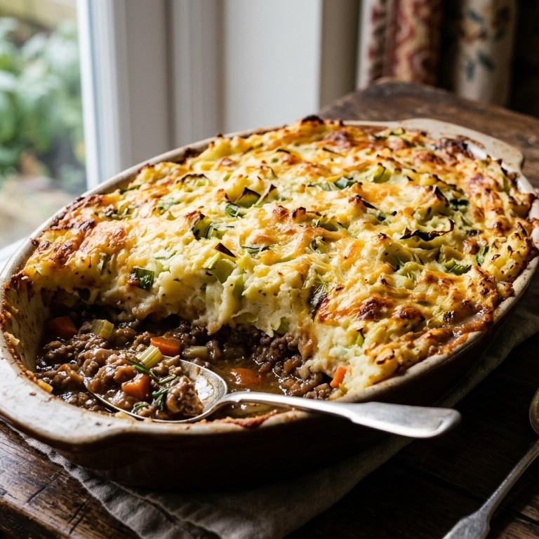 Shepherd's pie met kaas-prei topping recept