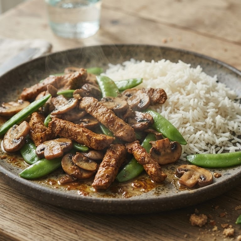 shoarmavlees met champignons, sugar snaps en rijst recept