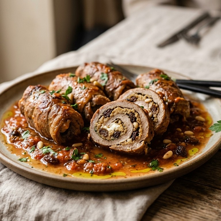 Siciliaanse vleesrolletjes gevuld met geitenkaas en rozijnen recept