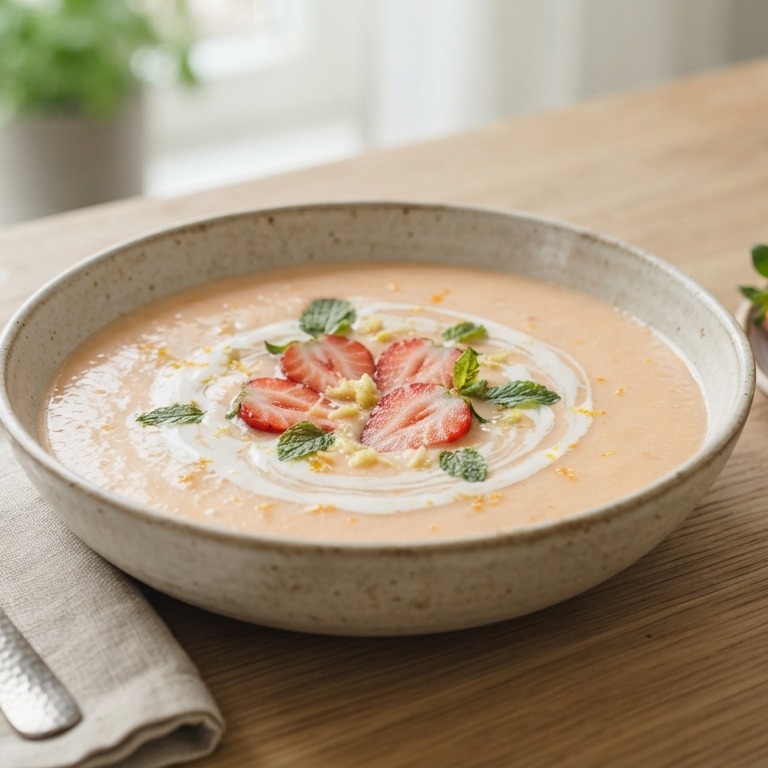 Sinaasappel-meloensoep met aardbeien recept