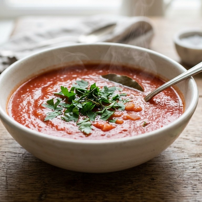 Slanke tomatensoep met knoflook en verse peterselie recept