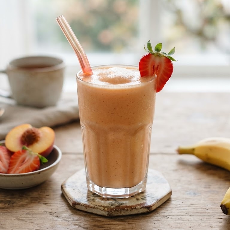 Smoothie met sinaasappel, banaan, aardbei en perzik recept