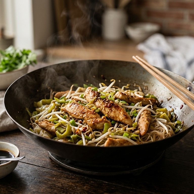 Snelle kipreepjes met prei en taugé recept