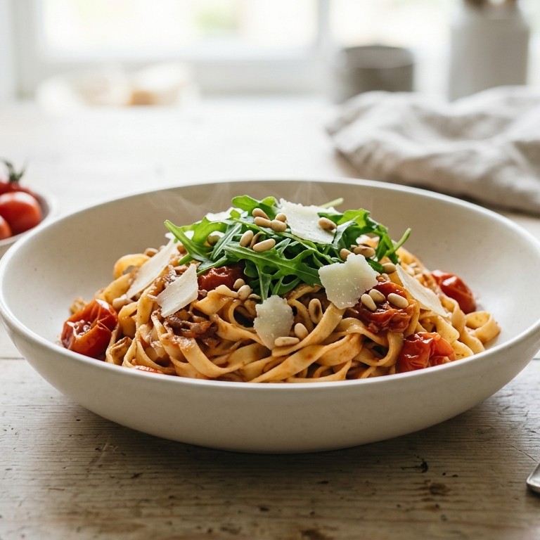Snelle pasta met verse tomatensaus rucola en parmezaan recept