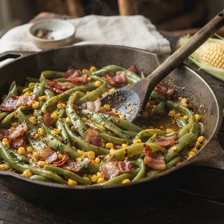 Snijbonen met spekjes en mais recept