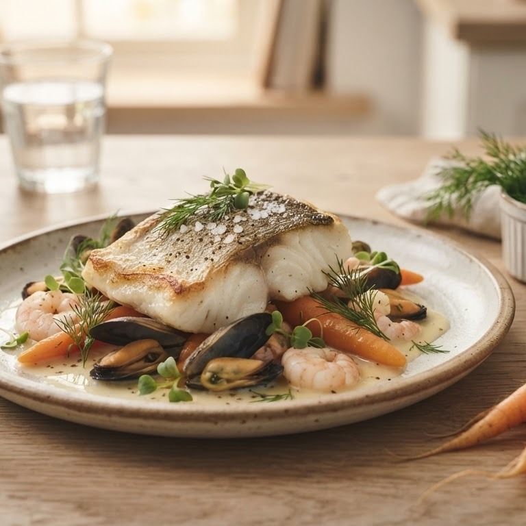 Snoekbaars met bospeen, mosselen en garnalen recept
