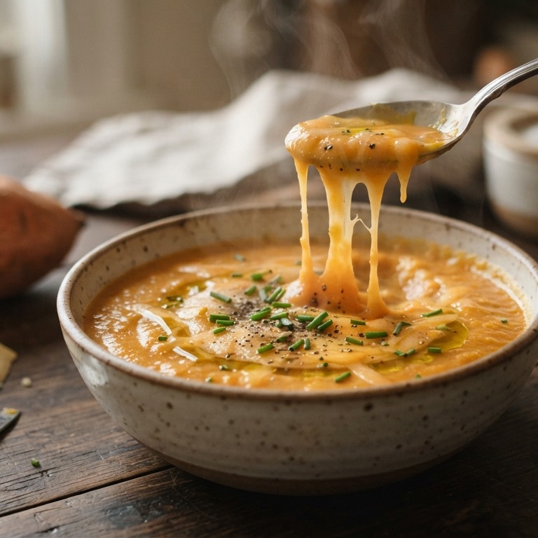 Soep van bataat, cheddar en bieslook recept