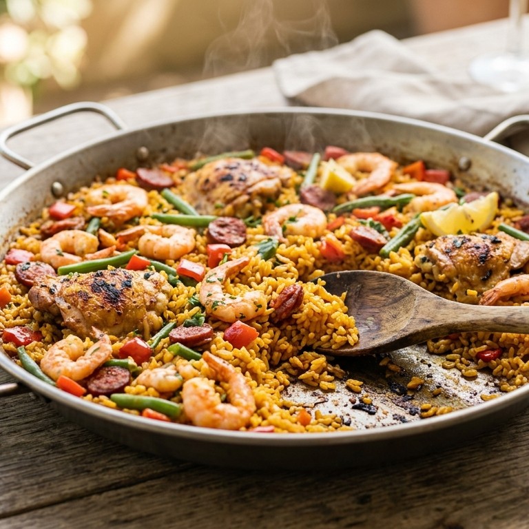Spaanse rijstschotel met kip en garnalen recept
