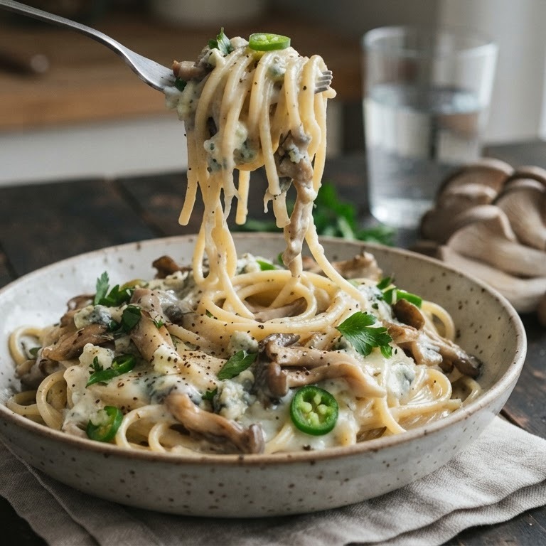 Spagetti met oesterzwammen en blauwe adertjes kaas recept