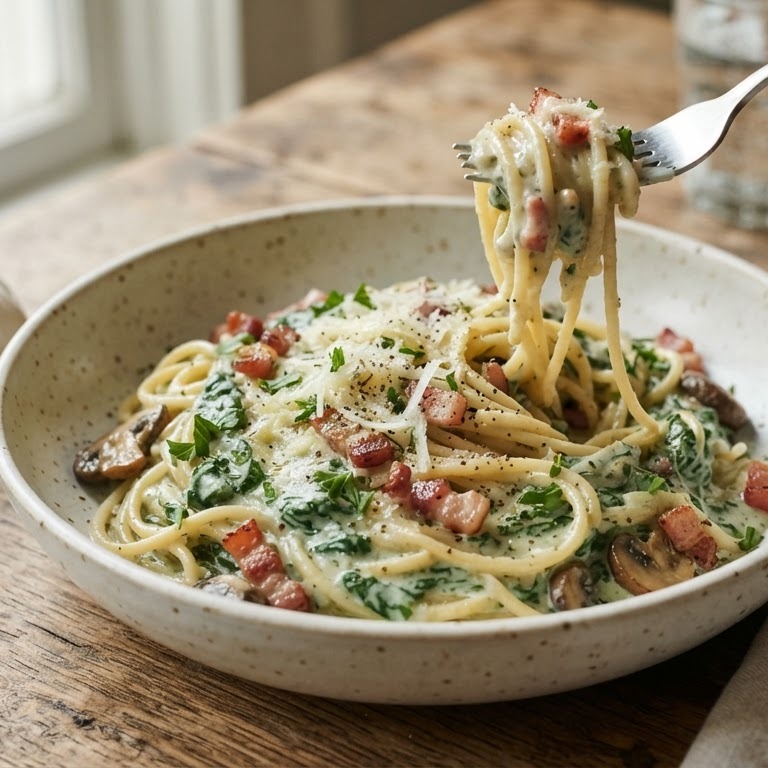 Spaghetti a la spinazie met spekjes recept