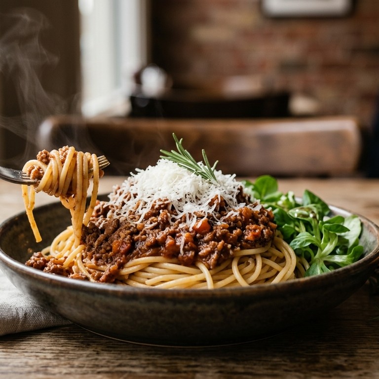 Spaghetti bolognese met geraspte Parmezaanse kaas recept