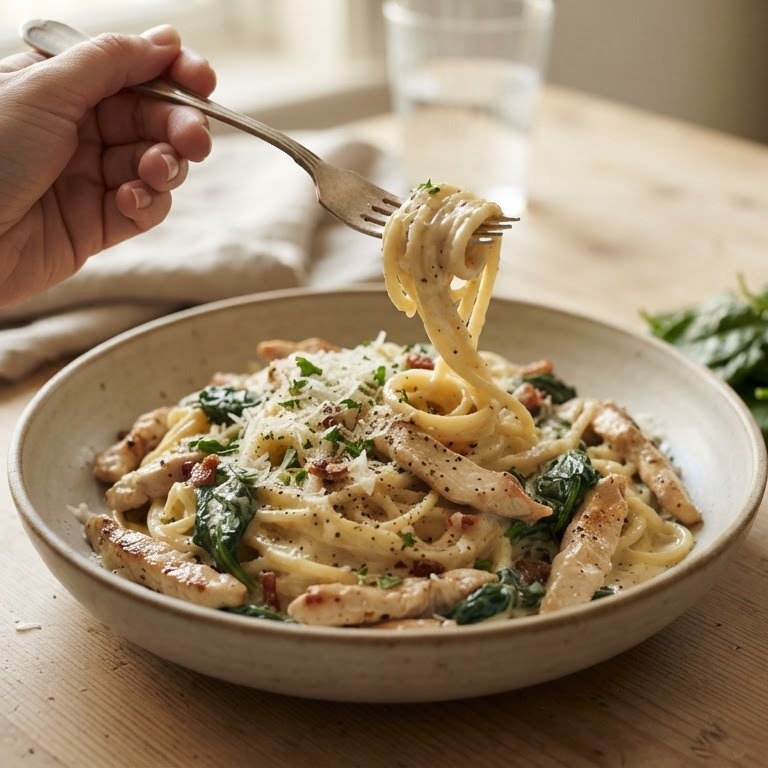 Spaghetti carbonara met kip en  spinazie recept