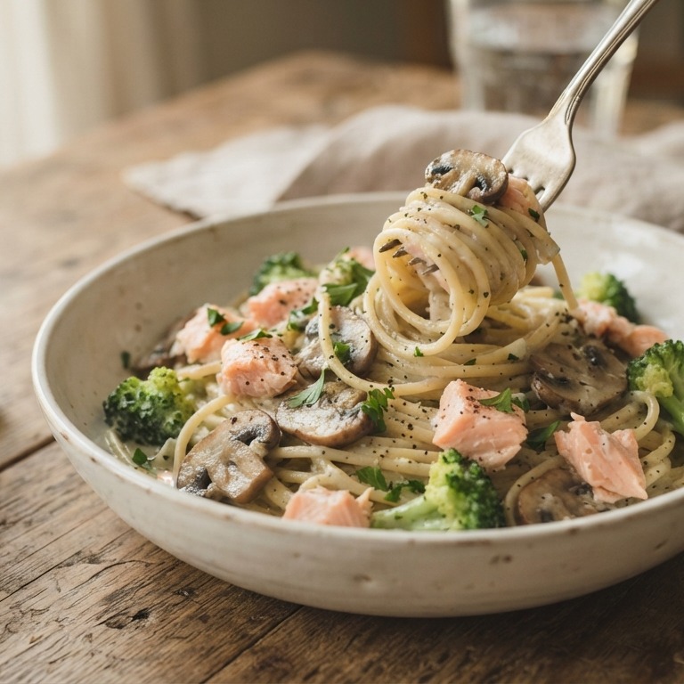 Spaghetti funghi met zalm recept