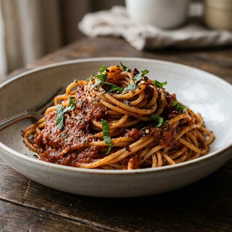 Spaghetti in gekruide tomatensaus recept