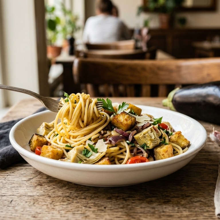 Spaghetti met aubergine en artisjokharten recept