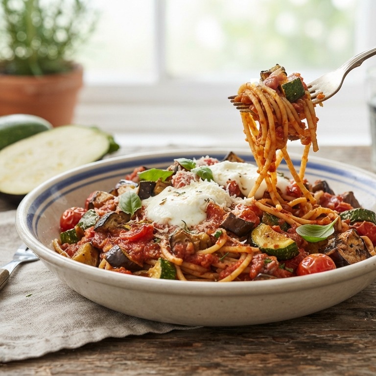 Spaghetti met aubergine en courgette recept