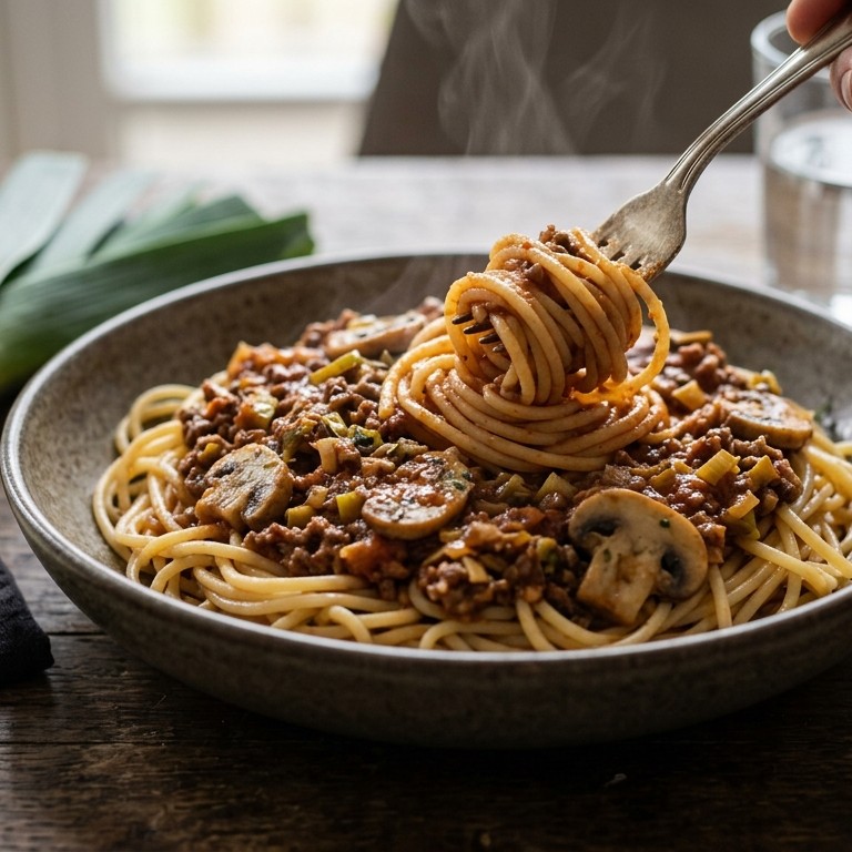 Spaghetti met champignons, gehakt en knoflook recept