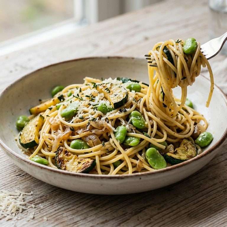 Spaghetti met courgette en tuinbonen recept