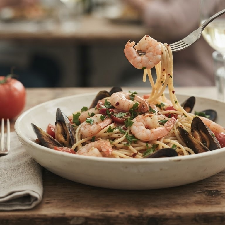 Spaghetti met garnalen en mosselen recept